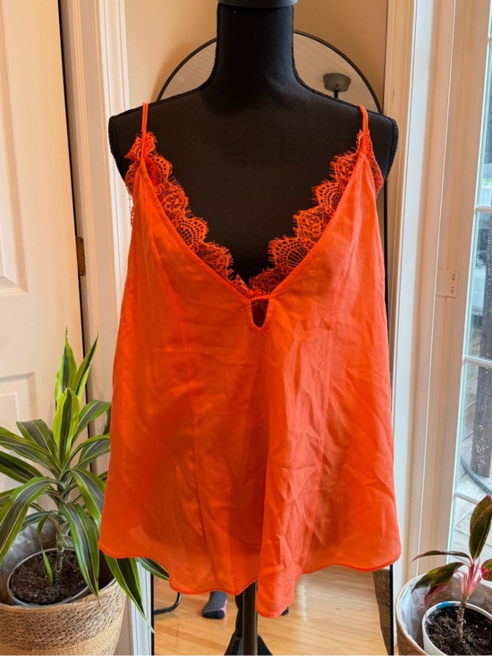 FREE PEOPLE | Orange Lace-Trim Silk Tank Top